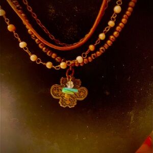 Layered Brown Beaded Cross Pendant Necklace